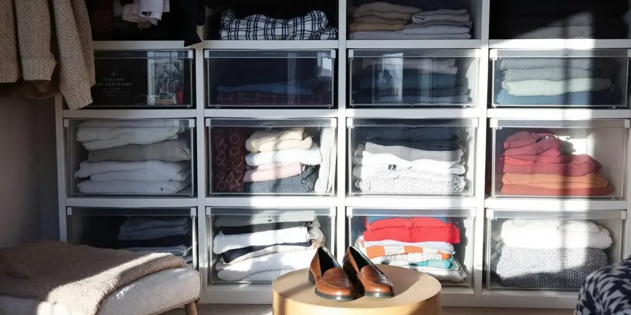 Des vêtements pliés dans des tiroirs transparents, une solution pour optimiser rangement vetements. Des chaussures marron sur une table basse.