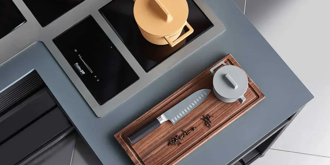 Cuisine moderne avec plaque de cuisson intégrée. Un couteau de chef et des épices sur une planche à découper en bois. Une casserole jaune sur la plaque.