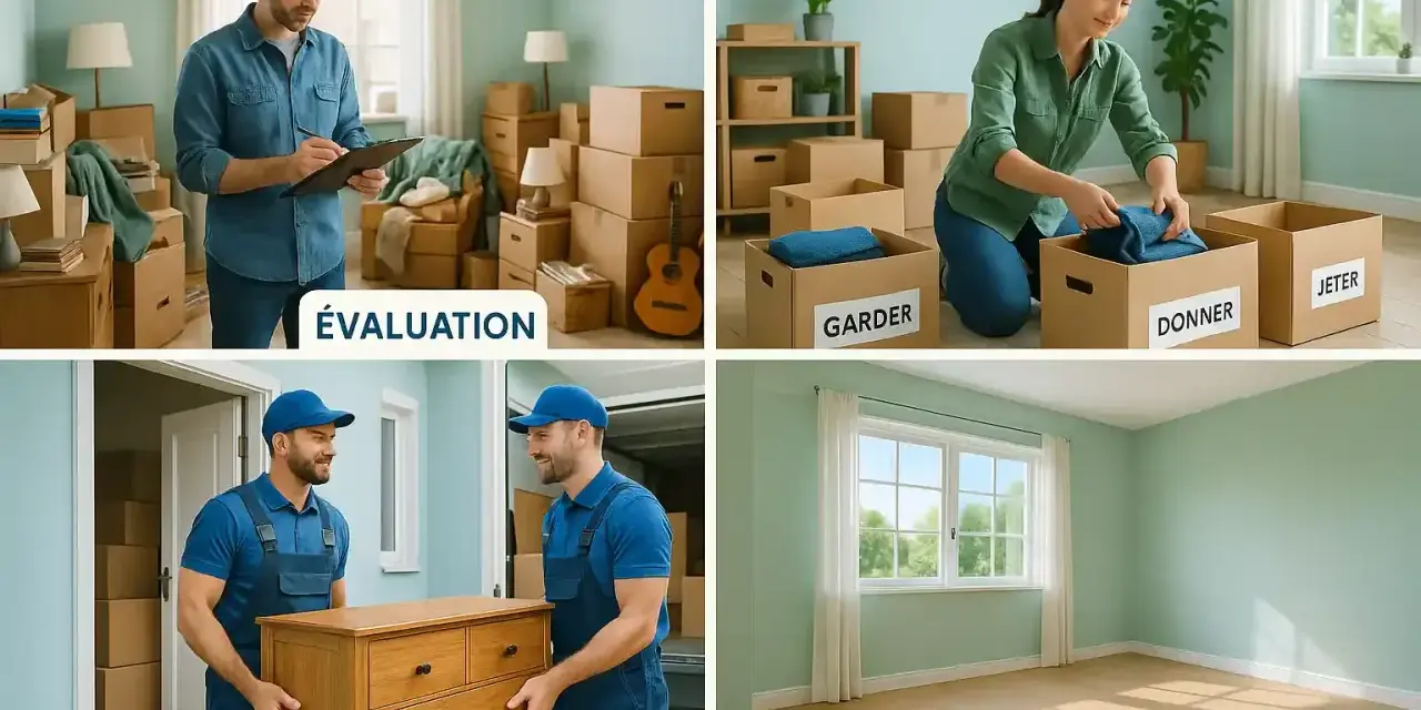 Débarras de maison : évaluation, tri (garder, donner, jeter), enlèvement et pièce nettoyée.