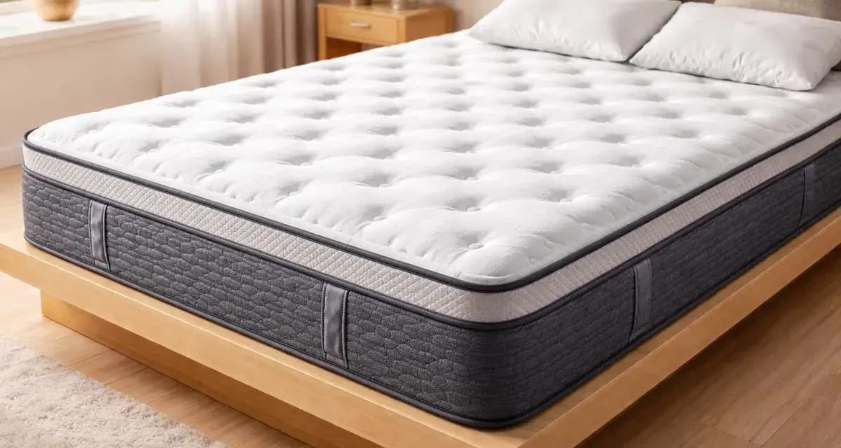 Un matelas neuf, blanc et gris, sur un sommier en bois. Parfait pour savoir si l'on peut dormir sur un matelas neuf sans attendre.