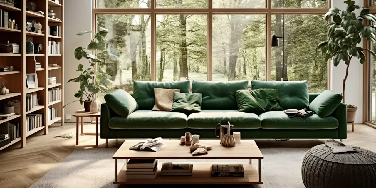 Canapé vert sapin pantone, entouré de verdure luxuriante à travers une grande fenêtre. Bibliothèque en bois, table basse et pouf complètent ce salon paisible.