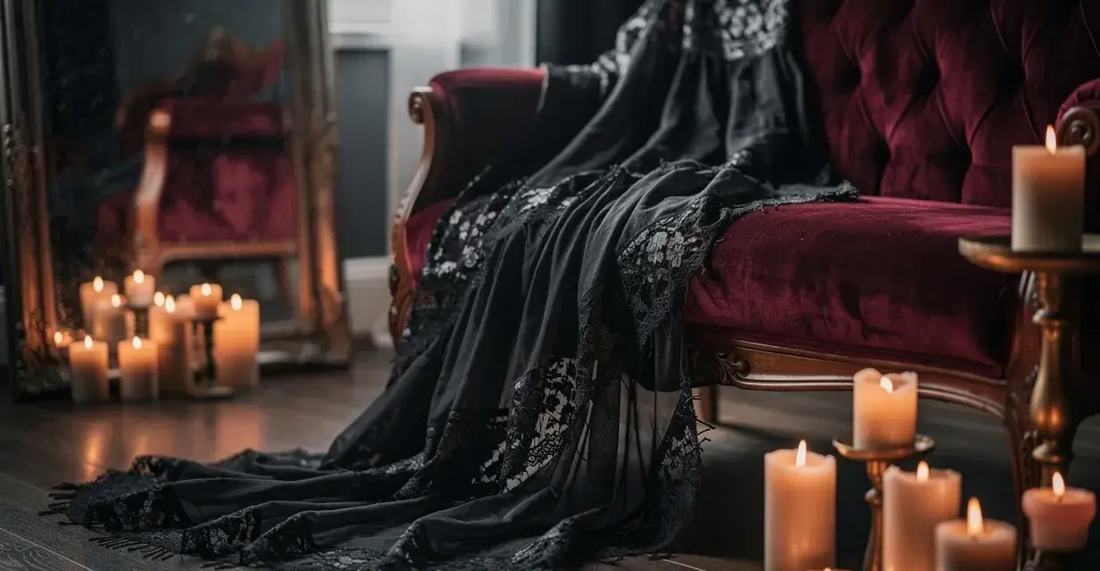 Un canapé de velours rouge profond, drapé d'une étoffe noire en dentelle, baigné par la lueur de bougies. Ambiance style boudoir chic.