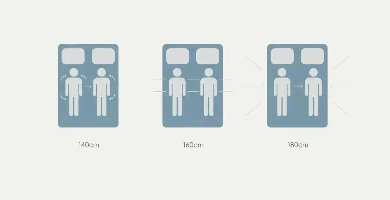 Comparaison de la taille matelas 2 places : 140cm, 160cm et 180cm, montrant l'espace pour deux personnes.