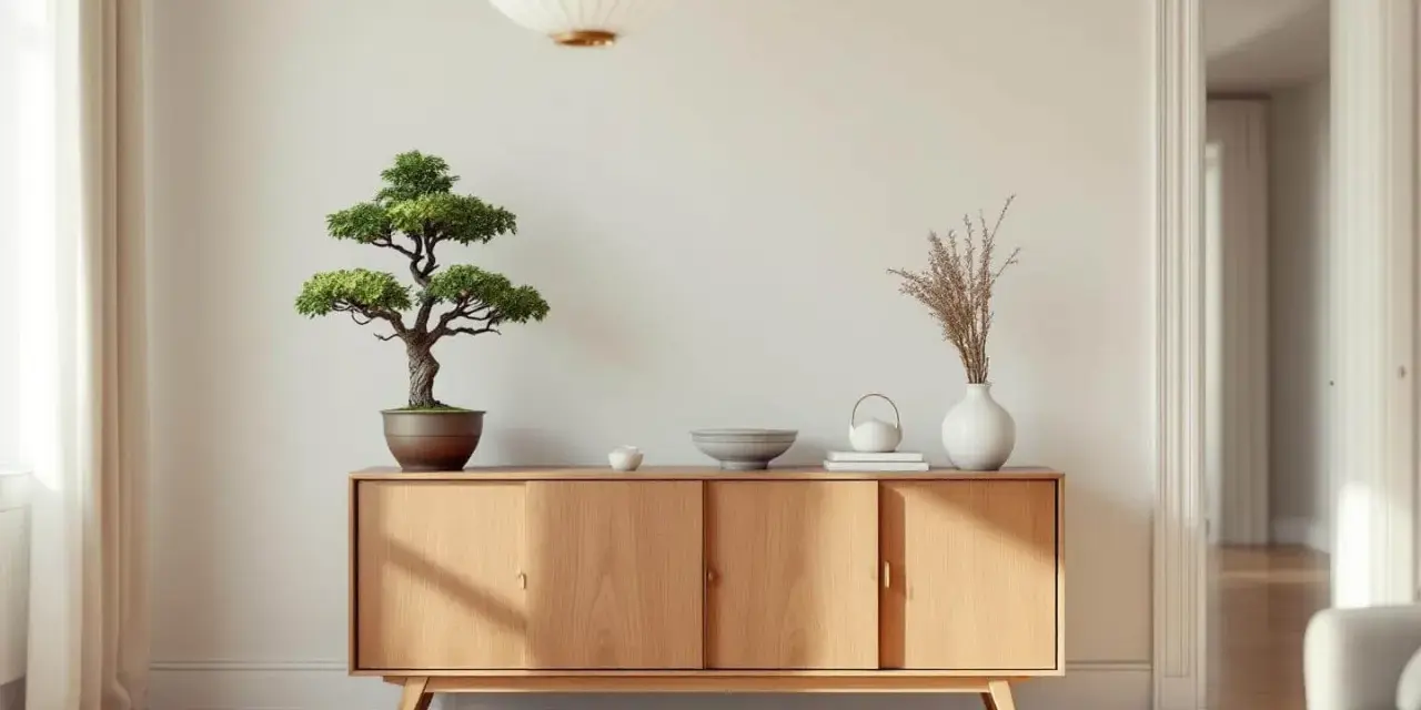 Un salon à l'inspiration japonaise avec un buffet en bois clair, un bonsaï, des vases et une lanterne.