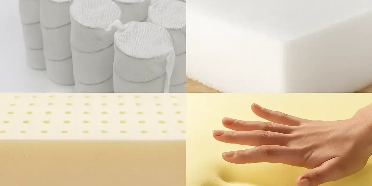 Comparaison de différents types de matelas : ressorts ensachés, mousse blanche, latex perforé et mousse à mémoire de forme réagissant à la pression d'une main.