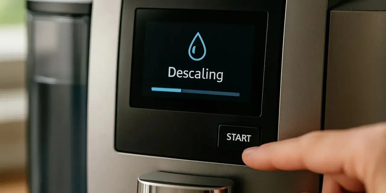 Une main appuie sur le bouton "Start" d'une machine Nespresso. L'écran affiche "Descaling" avec une barre de progression, indiquant le début du détartrage.