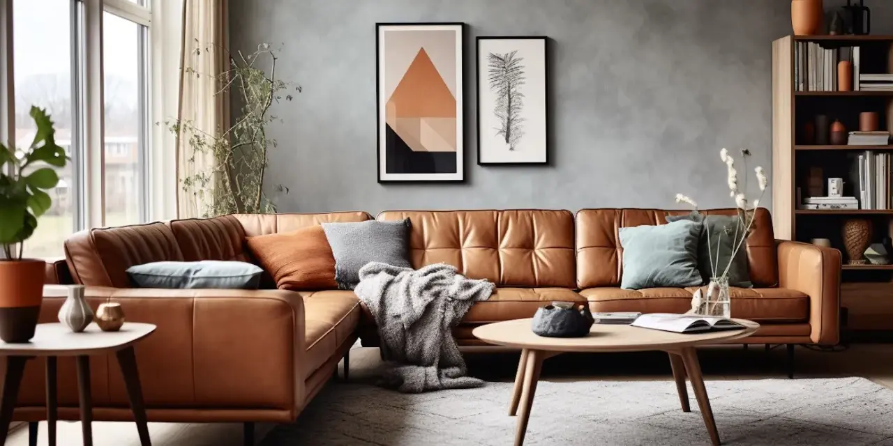 Comment aménager un petit salon avec un canapé d'angle en cuir marron, des coussins colorés, une couverture douillette et une table basse ronde.