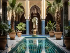 Un magnifique patio marocain avec une piscine centrale, des palmiers et des fontaines, orné de zelliges bleus et de colonnes sculptées.