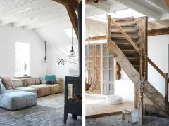 Ambiance chaleureuse dans cet **intérieur ferme rénovée moderne**. Canapé modulable, poêle design et escalier rustique en bois.