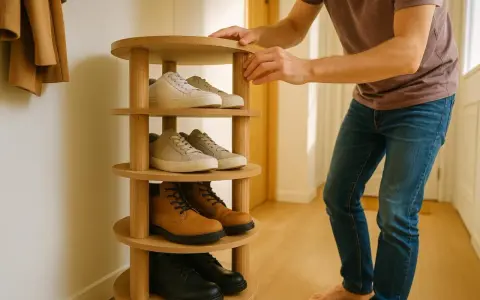 Étagère à chaussures ronde en bois, parfaite pour organiser vos chaussures. Un exemple de meubles DIY astucieux.