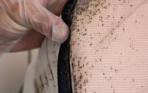 Main d'une personne portant un gant inspecte un matelas, révélant des traces de punaises de lit et leurs excréments sur le drap.