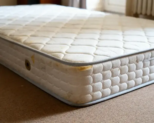 Matelas usagé, taché, avec des signes de dégradation. Le polyuréthane peut présenter un danger s'il est mal ventilé ou décomposé.