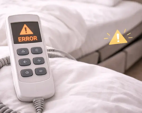 Télécommande d'un lit électrique affichant "ERROR". Un symbole d'alerte jaune est superposé. Cela peut affecter la durée de vie d'un lit électrique.