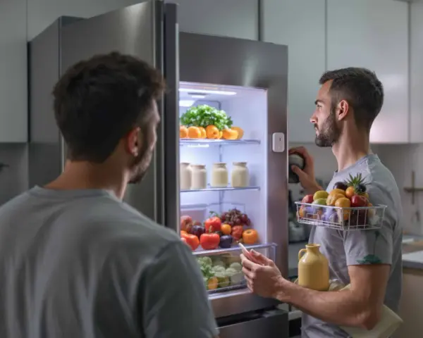 Deux hommes devant un frigo rempli de fruits et légumes. L'un tient une corbeille de fruits, l'autre un téléphone. Mon frigo ne refroidit plus mais congélateur fonctionne.