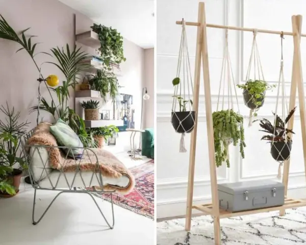 Un coin plantes salon bohème avec un fauteuil confortable et des étagères remplies de verdure. À droite, un portant en bois suspend des plantes en macramé.