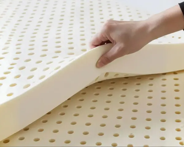 Une main soulève une couche de **latex matière** perforée, révélant sa texture aérée et souple.