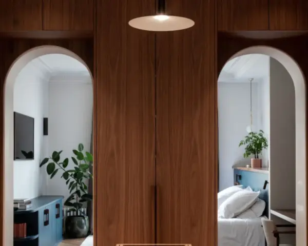 Deux arches arche maison en bois de noyer encadrent une chambre avec un lit blanc et un salon avec une télévision.