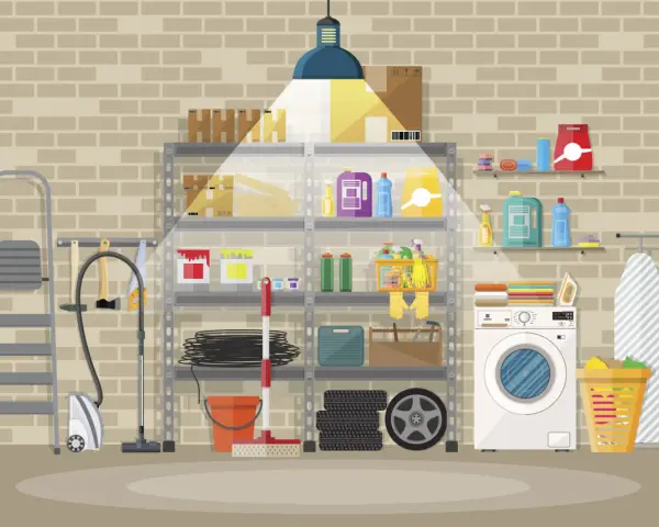 Étagères bien rangées, outils, aspirateur, machine à laver et panier à linge : une belle idée aménagement cave pour tout organiser.