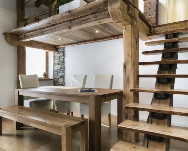 Une salle à manger rustique avec une table en bois, des chaises et un banc, sous une mezzanine maison ancienne aux poutres apparentes. L'escalier en bois brut complète le décor.