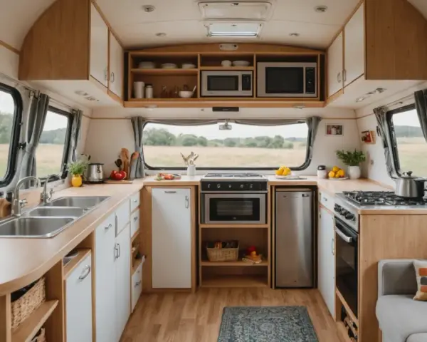 Cuisine de caravane rénovée : plans de travail en bois, évier double, plaques de cuisson, four, réfrigérateur et rangements. Idées pour comment refaire l'intérieur d'une caravane.
