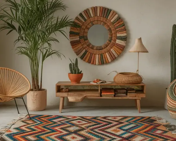Un salon chaleureux avec une chaise Acapulco, un tapis coloré et un miroir artisanal, créant une ambiance mexicaine authentique.