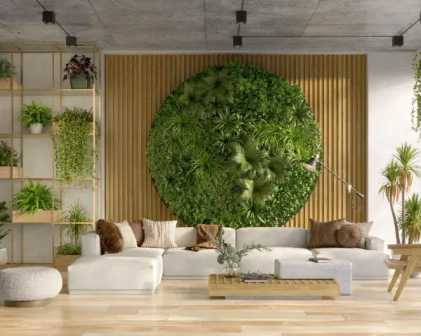 Un salon moderne avec un mur végétal circulaire, une étagère remplie de plantes et des suspensions. Une excellente idée déco plante interieur pour un espace zen.