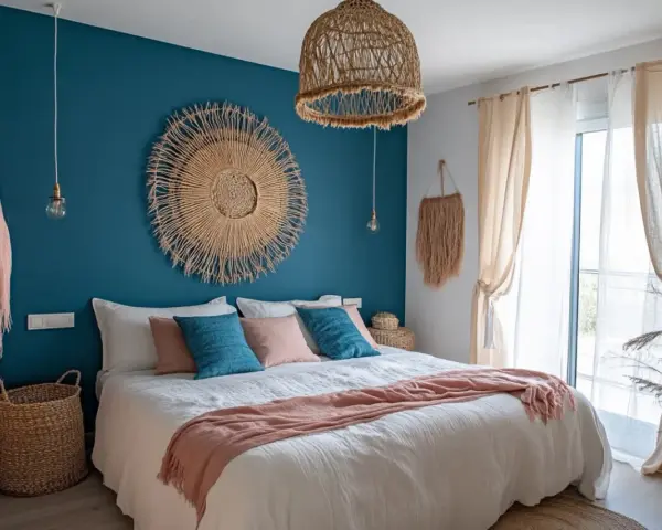 Chambre avec deco bleu canard et bois. Un grand soleil mural en paille, coussins bleus et roses, et un plaid pêche sur le lit.