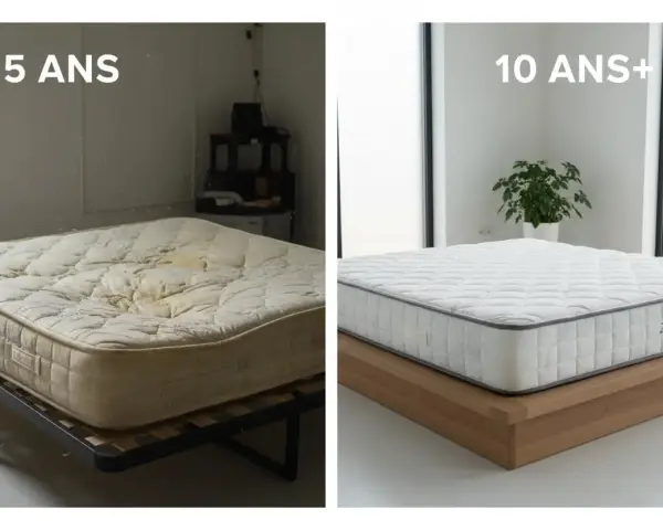 Comparaison de la durée de vie d'un matelas : un vieux matelas usé à 5 ans et un nouveau matelas impeccable à 10 ans+.