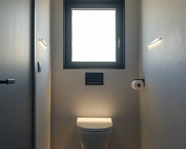 Une toilette moderne avec une fenêtre au-dessus, éclairée par des appliques murales discrètes. Un rouleau de papier toilette est à portée de main.