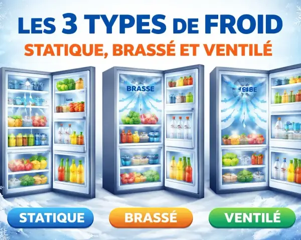 Trois réfrigérateurs illustrent les types de froid : statique, brassé et ventilé. Le froid brassé ou ventilé maintient les aliments frais.