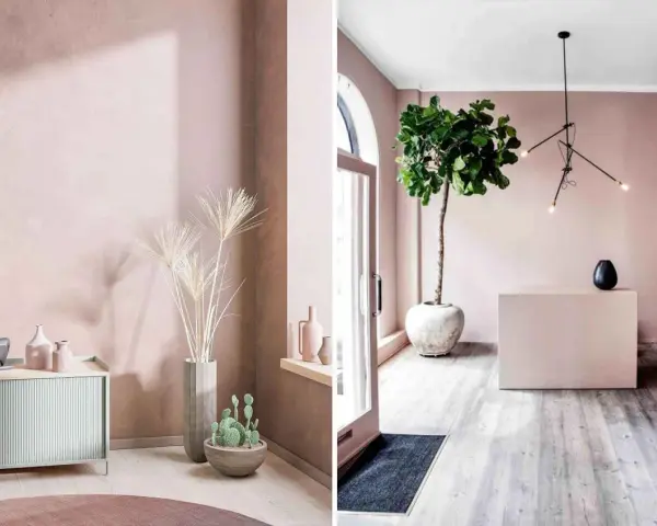 Ambiance douce : quelle couleur avec rose poudré ? Un décor moderne avec des plantes, des vases et un meuble bas.