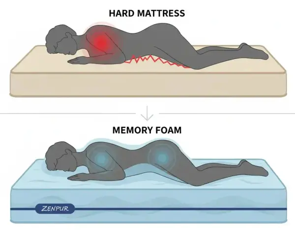 Comparaison de matelas : un matelas dur cause des douleurs (rouge) tandis qu'un matelas en mousse à mémoire de forme offre un soutien optimal (bleu), évitant les mauvais matelas symptômes.