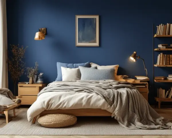 Chambre paisible aux murs bleu nuit, évoquant une **couleur ultraviolet** profonde. Un lit douillet, une chaise confortable et une bibliothèque remplie de livres invitent à la détente.