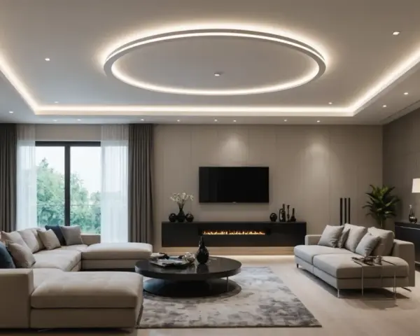 Éclairage moderne et élégant pour la décoration plafond salon, avec un cercle lumineux central et des spots encastrés.