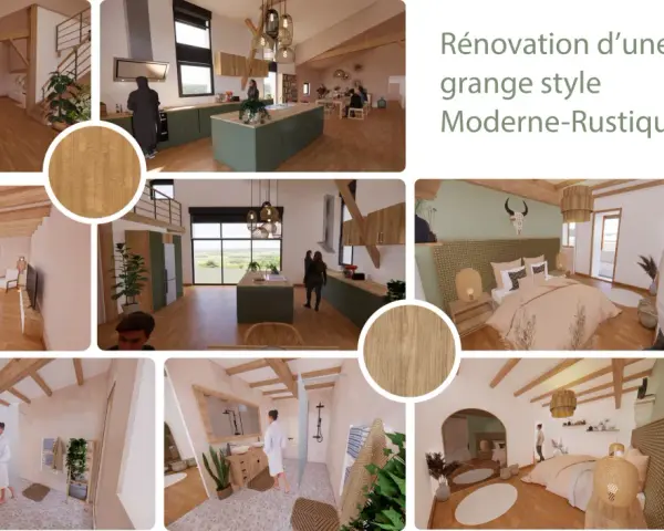Ambiance chaleureuse et moderne-rustique pour votre maison. Inspiration pour une rénovation de grange avec des matériaux naturels et un design épuré.