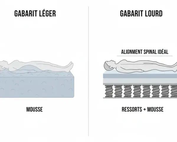 Comparaison : matelas en mousse (gabarit léger) affaissant le corps, et matelas à ressorts + mousse (gabarit lourd) assurant un alignement spinal idéal.