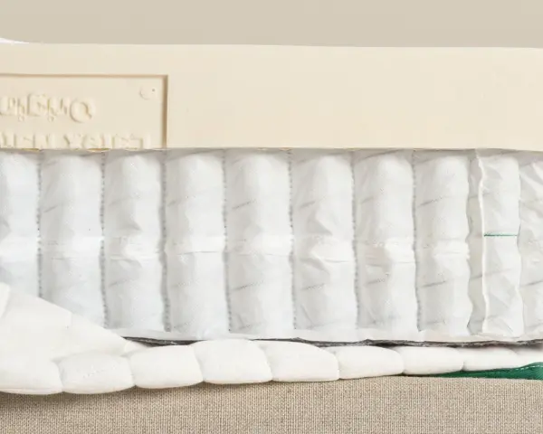 Coupe d'un matelas montrant les ressorts ensachés et la couche de latex. Comprendre la structure aide à savoir pourquoi mon matelas neuf se creuse.