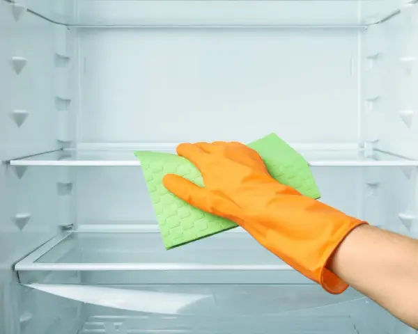 Main d'une personne portant un gant orange, essuyant une étagère de réfrigérateur vide avec une éponge verte. Le nettoyage du frigo est terminé.