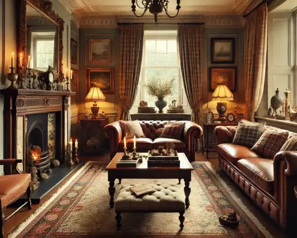 Salon chaleureux d'un cottage anglais, avec canapés en cuir, cheminée ornée et tapis persan.