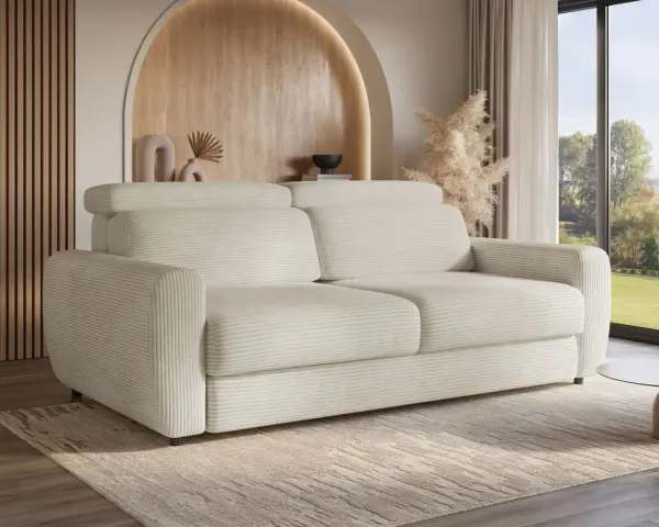 Canapé convertible meilleur, en velours côtelé crème, dans un salon moderne avec vue sur la nature.