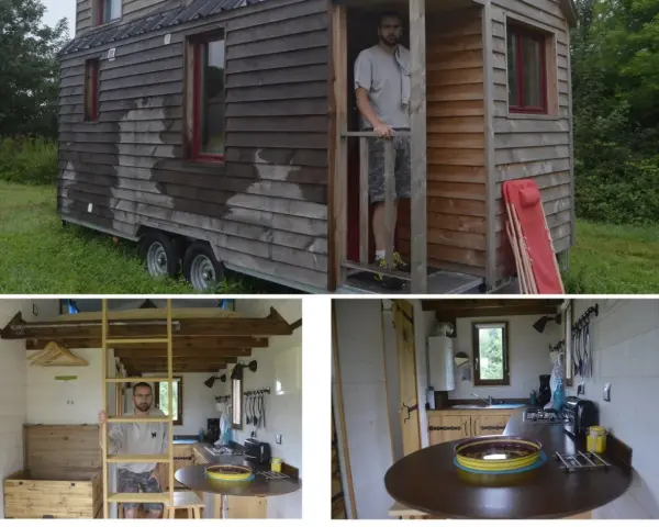 Homme devant sa maison sur roulette. L'intérieur révèle une cuisine et un lit en mezzanine.