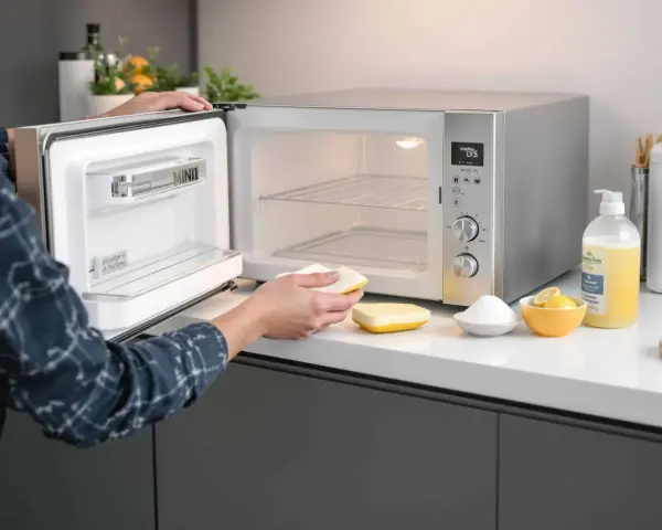 Une personne nettoie un mini four très encrassé avec une éponge. Des citrons, du bicarbonate et du liquide vaisselle sont à proximité.