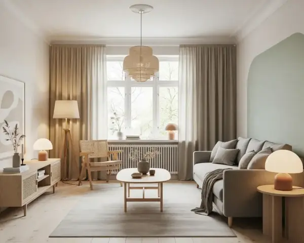 Salon lumineux avec canapé gris, fauteuil en rotin et meubles en bois clair. La **couleur lumineuse pour pièce sombre** est apportée par les lampes et la lumière naturelle.