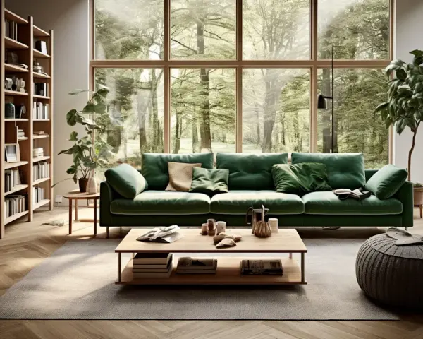 Canapé vert sapin pantone, entouré de verdure luxuriante à travers une grande fenêtre. Bibliothèque en bois, table basse et pouf complètent ce salon paisible.