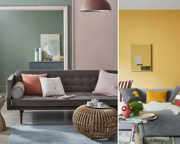 Canapé gris avec coussins aux couleurs variées, dont un coussin corail et un blanc cassé. Ambiance cosy et moderne.