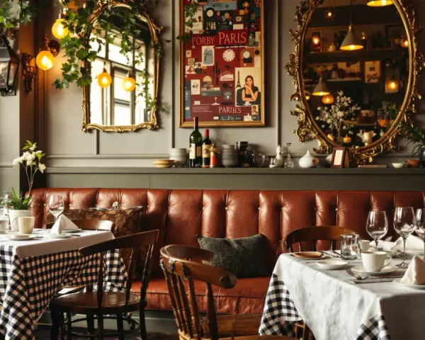 Ambiance chaleureuse d'un déco bistrot parisien avec banquette en cuir, tables dressées et miroirs dorés.