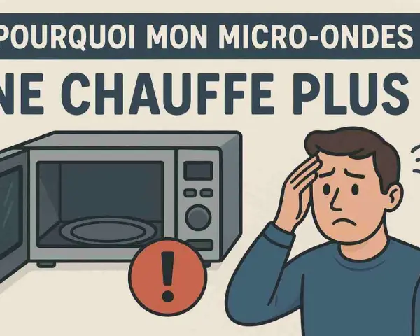 Un homme perplexe regarde son micro-ondes qui ne chauffe plus. Un point d'exclamation rouge signale le problème.