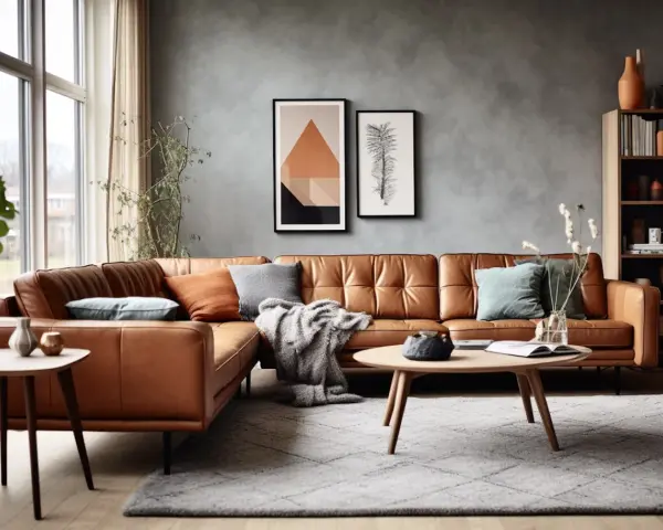 Comment aménager un petit salon avec un canapé d'angle en cuir marron, des coussins colorés, une couverture douillette et une table basse ronde.