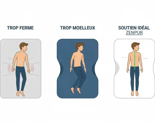Un homme sur un matela dur, trop ferme, montre une mauvaise posture. Un matelas trop mou le fait s'enfoncer. Le soutien idéal maintient la colonne vertébrale droite.