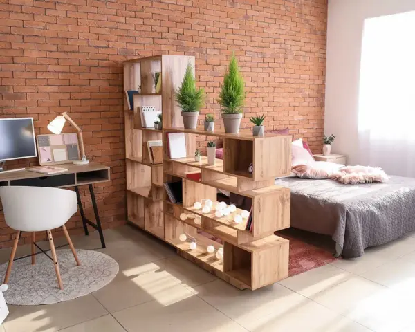 Étagère modulable en bois pour séparer une pièce en deux sans travaux, créant un espace bureau et un coin nuit.